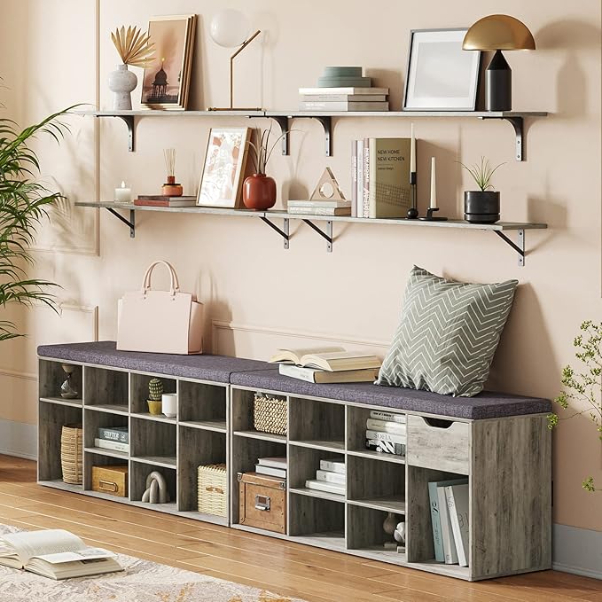 DINZI LVJ Shoe Bench, 12 Cubbies Shoe Organizer for Entryway, Storage Bench with Cushion, Cubby Shoe Rack with Adjustable Shelves for Living Room, Bedroom, Mudroom, Hallway, Gray Wash-NeatNest