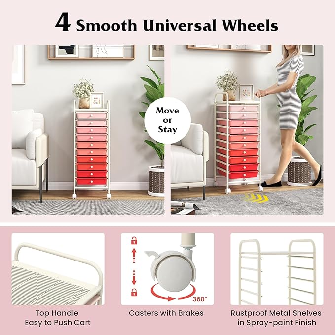 Giantex 10-Drawer Storage Cart w/Universal Wheel, Rolling Cart w/Handle, Home Organizer Storage Unit w/Removable Drawers, Trolley Utility Cart for Kitchen Makeup Living Room Office Play Room