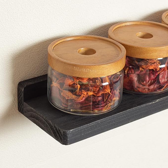 Freezing point Floating Shelves for Wall Set of 2 Natural Wood 16Inch Wall Shelf Decor Plant Display Collectibles Mounted Kitchen Bathroom Bedroom Corner Decorative Storage Stand Black-NeatNest
