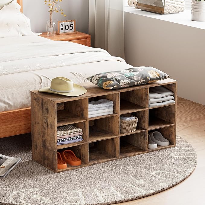 12-Cubby Shoe Rack, 3-Tier Wood Shoe Organizer, Multifunctional Shoe Organizer Bench for Entryway, Mudroom, Hallway, Closet,36.22 * 11.81 * 17.72 Inch,Brown-NeatNest