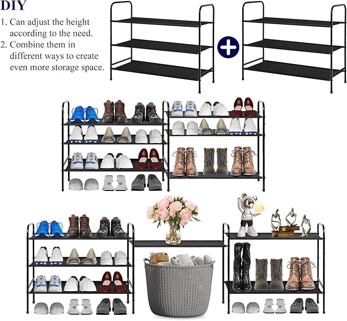 MAX Houser 3 Tier Free Standing Shoe Rack, Metal Shoe Storage Shelf for 9-12 Pairs, Easy to Assemble, Entryway, Bedroom, Black-NeatNest