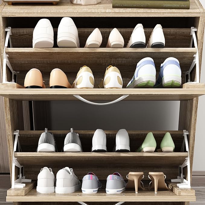 Shoe Cabinet with 2 Flip Drawers, Shoe Storage Organizer with 2-Tier Shelf for Entryway, Freestanding Shoe Rack Storage Organizer, Light Brown-NeatNest