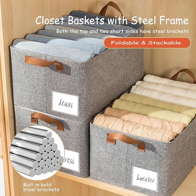 AARAINBOW 4 Pcs Closet Clothes Organizer Bins, Closet Fabric Storage Box with Steel Frame Stackable Shelf Storage Baskets, Fabric Storage Baskets Foldable Closet Shelf Storage Containers, 23L (4 Gray)-NeatNest
