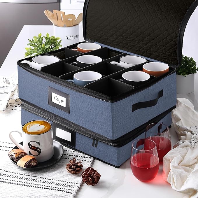 Hearth & Harbor Coffee Mug Storage, Quilted and Stackable Coffee Cup Storage Organizer for Service of 12, Mug Storage Box with Dividers, China Containers Hard Shell for Moving and Organization, Blue-NeatNest