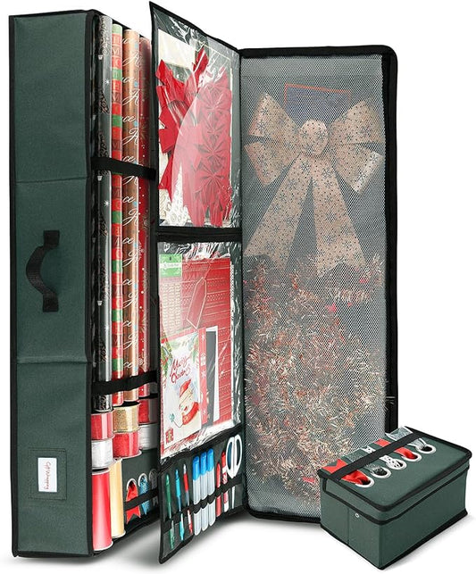 Hearth & Harbor Holiday Storage with Extra 2 PC of Christmas Storage Bins and Ribbon Storage Organizer - Fade Resistant Wrapping Paper Storage Containers with Wheels Fits Up to 30 Rolls of 40" Length-NeatNest