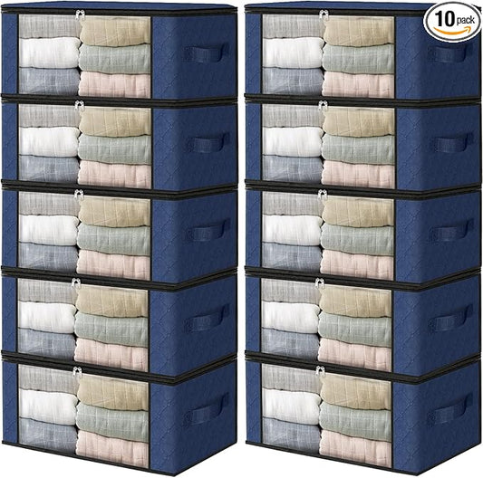 HomeHacks Storage 10-Pack Clothes Organizer Storage Bags Foldable Storage Box with Large Clear Window Sturdy Handles for Closet, Dorm, Pillows, Bedding, Clothes, Blankets, 35L, Blue-NeatNest