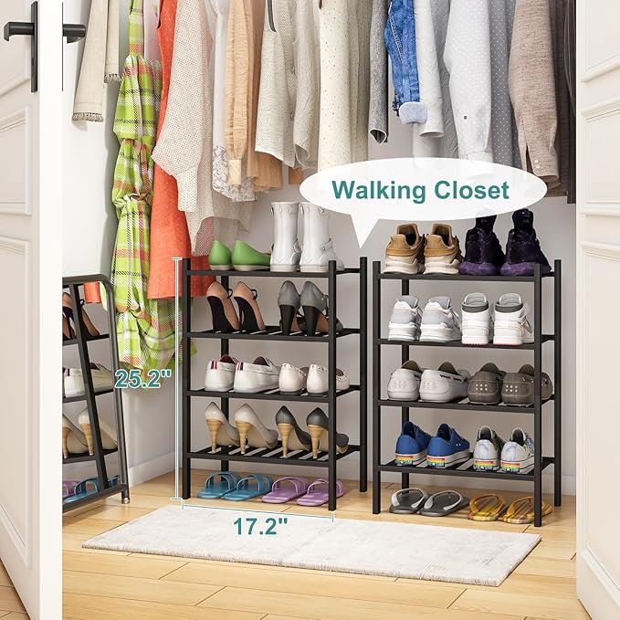 Black Small Shoe Rack for Entryway, 4-Tier Bamboo Shoe Organizer for Hallway Closet, Free Standing Shoe Racks for Indoor Outdoor-NeatNest