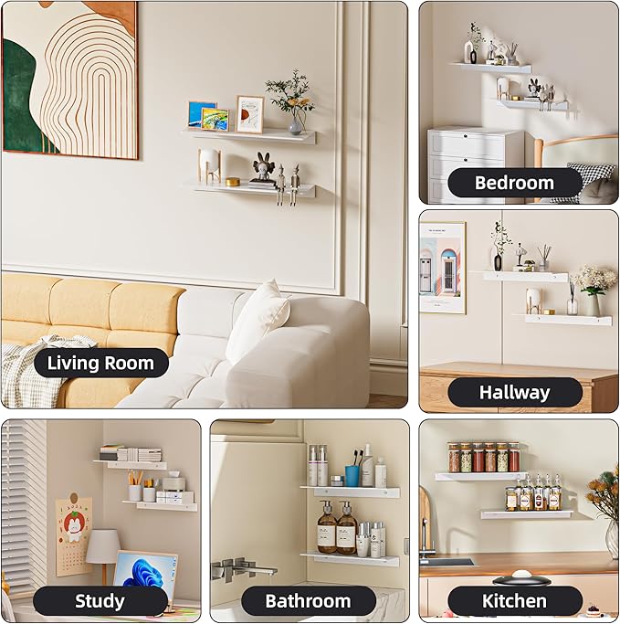 2-Piece White Metal Floating Shelves - Aluminum Alloy Wall Mounted Shelf No Drilling, Rust-Proof, 15.7" Width for Home Decor & Storage in Living Room, Bedroom, Bathroom-NeatNest