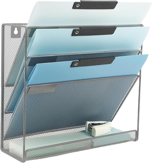EASEPRES Desk File Organizer Mesh 4-Tier, Hanging Wall Mount Document Organization Stand, Desktop Vertical Mail Paper Folder Holder Rack with Bottom Tray for Office Home Cubicle Countertop, Gray