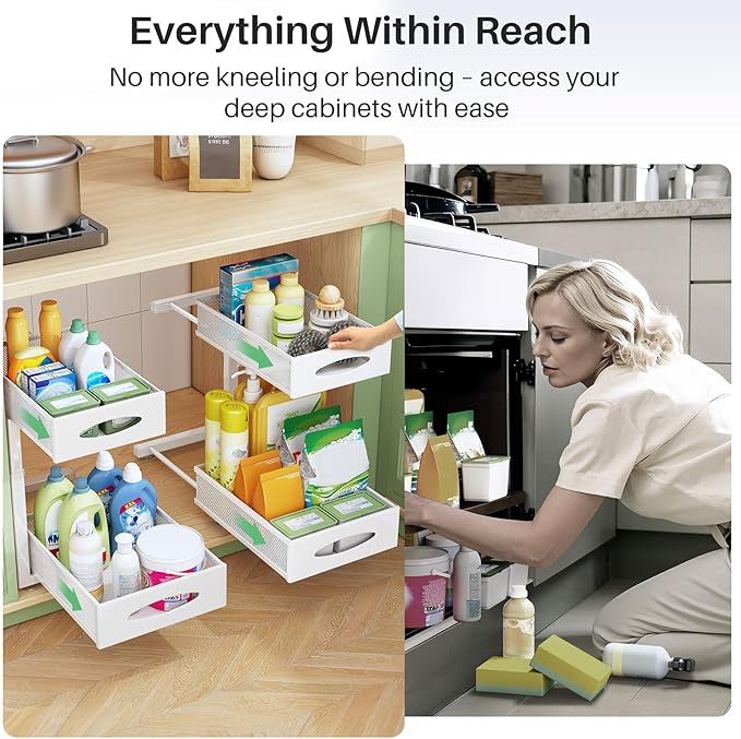 Under Sink Organizer, 2 Tier Pull out Cabinet Organizer Baskets with Mesh Sliding Drawers, Slide out Storage Shelf for Home, Kitchen, Bathroom, Pantry, Office Cabinet(1 Pack, White)-NeatNest