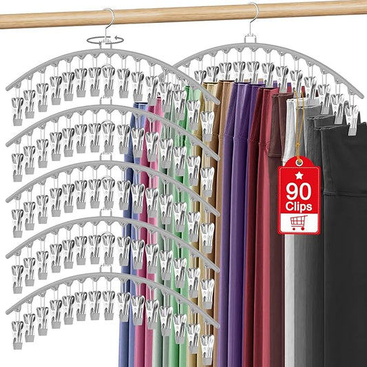 6 Pack Legging Organizer for Closet Hanging, Pants Hangers with 15 Clips Holds 45 Leggings, Shorts, Skirts, Jeans, Hats, Pants Hangers Space Saving Clothes Racks Closet Organizers and Storage, Grey-NeatNest