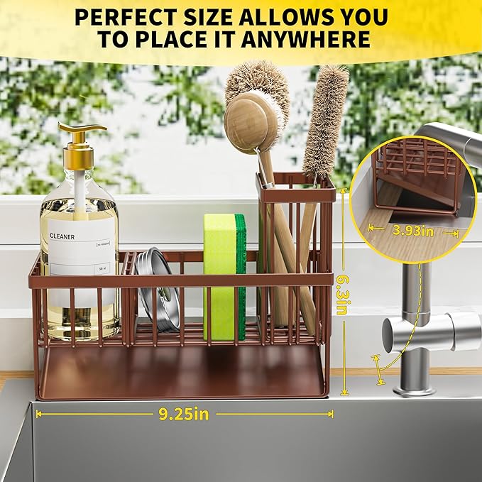 Cisily Kitchen Sink Caddy, Sponge Holder for Kitchen Sink, Kitchen Sink Organzier and Storage with High Brush Holder, Rustproof 304 Stainless Kitchen Gadgets Sink Accessories(Brown)-NeatNest