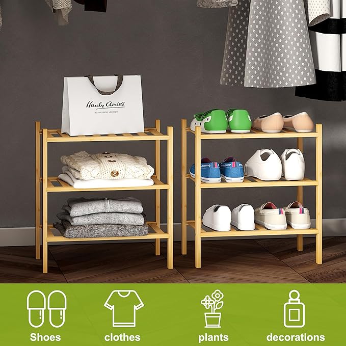 BMOSU 3-Tier Bamboo Small Shoe Rack Premium Stackable Shoe Shelf Storage Organizer for Hallway Closet Living Room Entryway Organizer (Natural Bamboo)-NeatNest