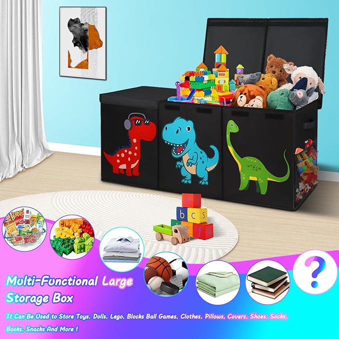 Extra Large Toy Box, Collapsible Sturdy Storage Organizer with Lids, Dinosaur Toybox for Boys Girls, 40"x16"x16" Kids Toy Chest Bin Baskets for Living Room, Playroom, Bedroom, Nursery, Black