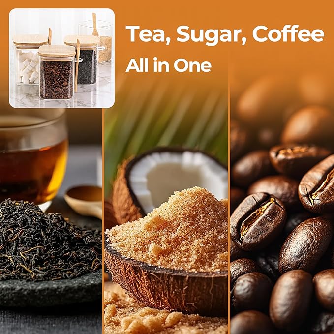 ComSaf 0.8 Qt Glass Jars with Bamboo Lids & Spoons Set of 4, Square Glass Containers with Lids, Sugar Coffee Containers Salt Spice Jars, Pantry Storage Container for Loose Tea, Candy, Brown Sugar, Nut-NeatNest