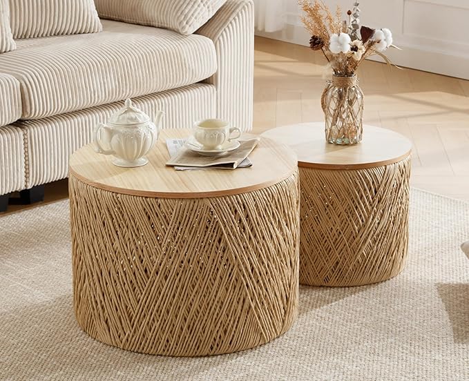 chairus Nesting Coffee Table Set of 2 Woven Round Coffee Table with Storage Solid Wood Side Table for Small Spaces, Living Room, Bedroom, Office, Natural-NeatNest