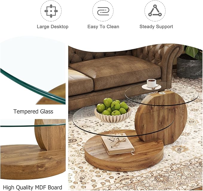 Glass Coffee Tables for Living Room Round Coffee Tables Modern Double Layer Round Table Circle Coffee Table for Small Space Home Office (42 Inch Dark Wood)