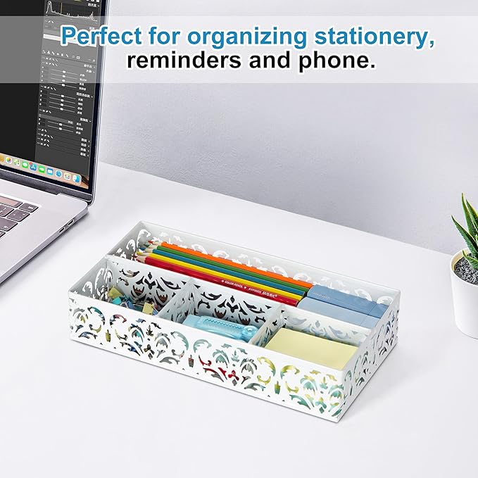 EasyPAG Desk Drawer Organizer with 4 Compartments, Carved Hollow Floral Metal Tray for Office, Jewelry, Cosmetics - No Assembly, White-NeatNest