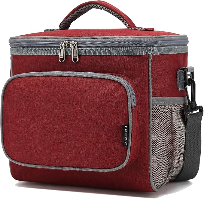 FlowFly Insulated Reusable Lunch Bag Adult Large Lunch Box for Women and Men with Adjustable Shoulder Strap,Front Zipper Pocket and Dual Large Mesh Side Pockets,Red-NeatNest