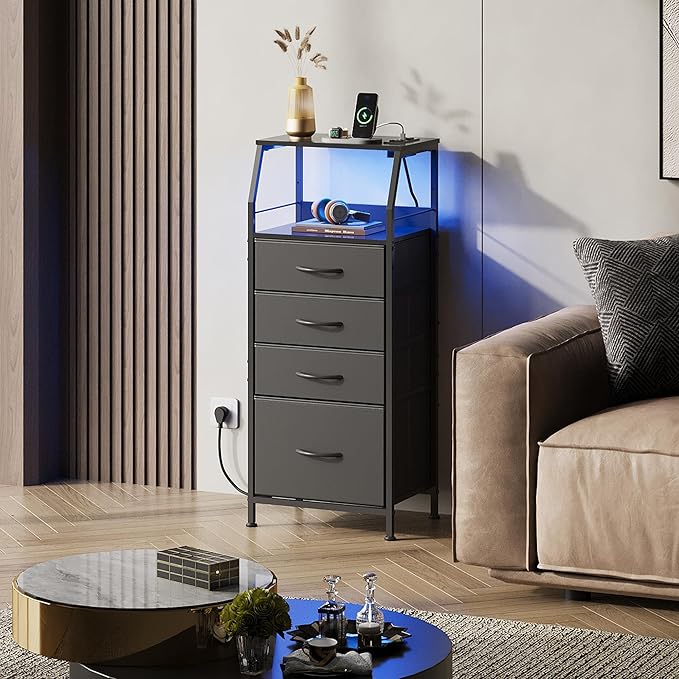 WLIVE Night Stand Set of 2 with Charger Station, Nightstand Sets with LED Light and 4 Storage Drawers, Tall Dressers for Bedroom, Bedside Tables with Fabric Bins, Wood Shelf, Metal Frame, Black