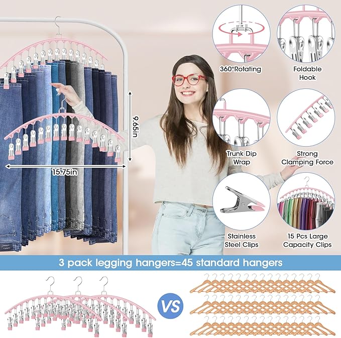 3 Pack Legging Organizer for Closet Hanging, Pants Hangers with 15 Clips Holds 45 Leggings, Shorts, Skirts, Jeans, Hats, Pants Hangers Space Saving Clothes Racks Closet Organizers and Storage, Pink-NeatNest