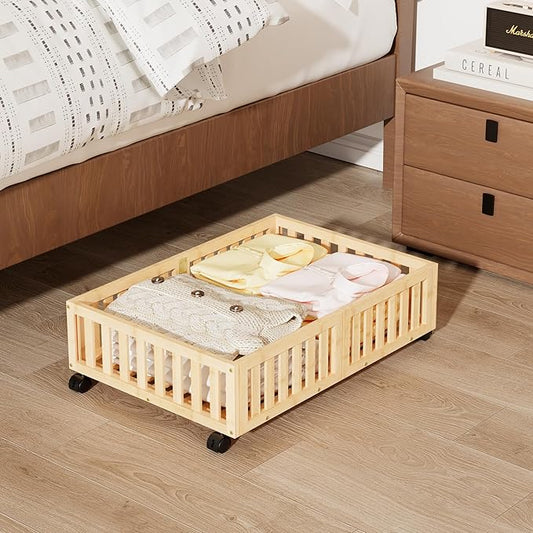 Bamboo Under Bed Storage with Wheels (2-Pack) – Rolling Underbed Shoe Organizer Box for Shoes, Blankets, Toys, Clothes Container Space-Saving Organizer Bins for Bedroom, Closet, Dorm, Nursery-NeatNest