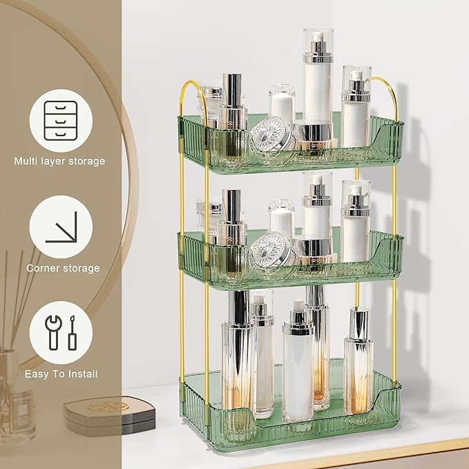Bathroom Counter Organizer Countertop Storage Skincare Countertop Makeup Organizer Cosmetics Skincare Organizers Holder for Perfume-Green-Golden Pole-3 Tier-NeatNest