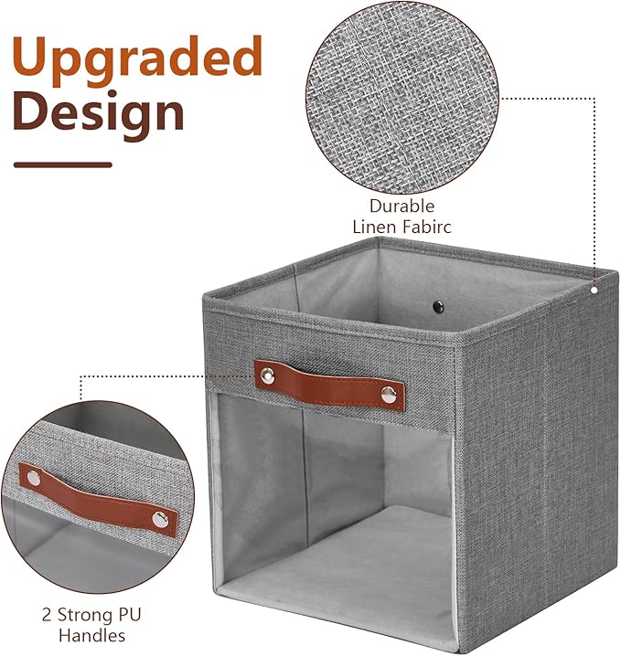 Storage Cube Organizer with Clear Window, Linen Collapsible Storage Boxes with PU Handles, Cube Storage Bins for Shelf, Closet, Cabinet, Bookcase (10.5x10.5x11, Gray)-NeatNest