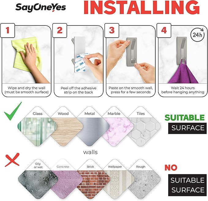 Brushed Nickel Self Adhesive Towel Hooks for Bathroom Wall Door Mounted - SUS304 Stainless Steel Strong Strips Stick on 3M Wall Hooks for Hanging Coat, Hat, Bag, Key, Jacket – 5 Pack-NeatNest