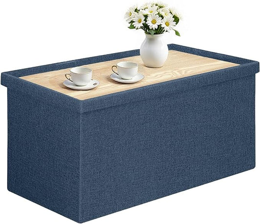 30 Inch Folding Storage Ottoman with Reversible Lid Coffee Table, Linen Fabric Multi-Functional Foot Rest & Seat for Living Room, Bedroom Dark Blue