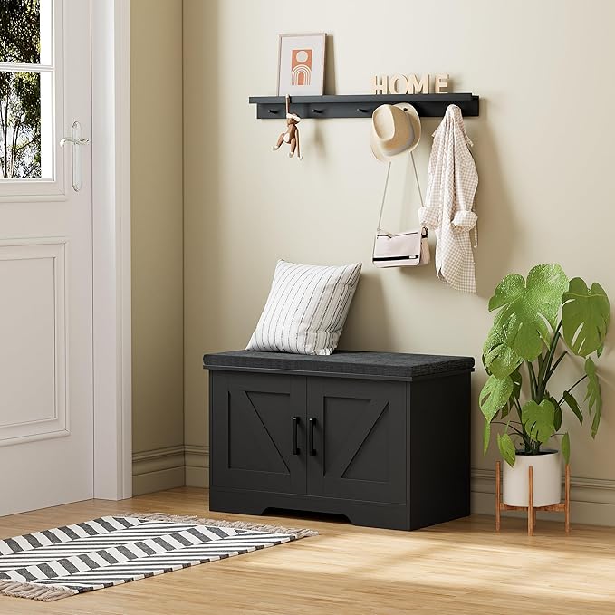 2-Tier Storage Bench, Shoe Bench with Padded Seat Cushion, Entryway Bench with 2 Barn Doors, Adjustable Shelf, 13.8" D x 27.6" W x 17.7" H, for Entryway, Living Room, Bedroom, Black-NeatNest