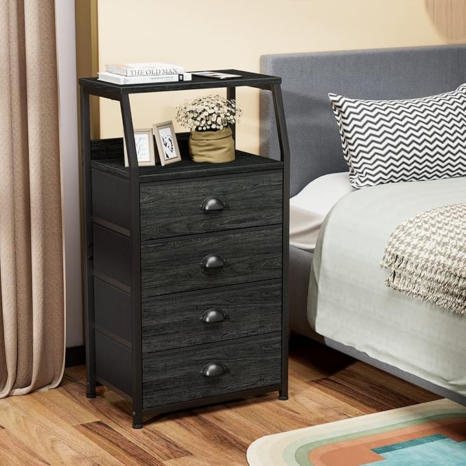 Furnulem Tall 4 Drawers Dresser, Vertical Storage Tower Black Dresser for Bedroom, Hallway, Entryway, Nursery, Closet Organizer, Nightstand Bedside Table Furniture, Sturdy Steel Frame, Wood Top-NeatNest