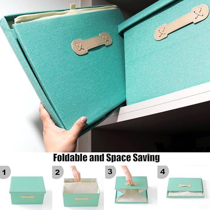 Enzk&Unity Decorative Storage Bins with Lids, Fabric Linen Foldable Storage Box with Handle Home Organizer for Shelf, Closet, Bedroom, Living Room, Office, 3 Packs, Teal-NeatNest