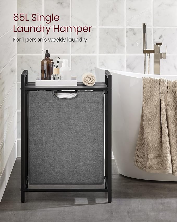 VASAGLE Laundry Hamper, Laundry Basket, Laundry Sorter with A Pull-Out and Removable Bag, Shelf, Metal Frame, 17.2 Gallons (65 L), 19.7 x 13 x 28.4 Inches, Gray and Black UBLH101G01-NeatNest