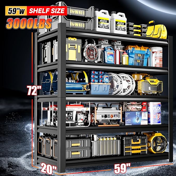 59" W Garage Shelving,5-Tier Heavy Duty Shelving Unit,3000LBS Adjustable Metal Storage Shelves,Storage Rack Units for Industrie,Shed,Warehouse,Basement,Black,59" W x 20" D x 72" H-NeatNest