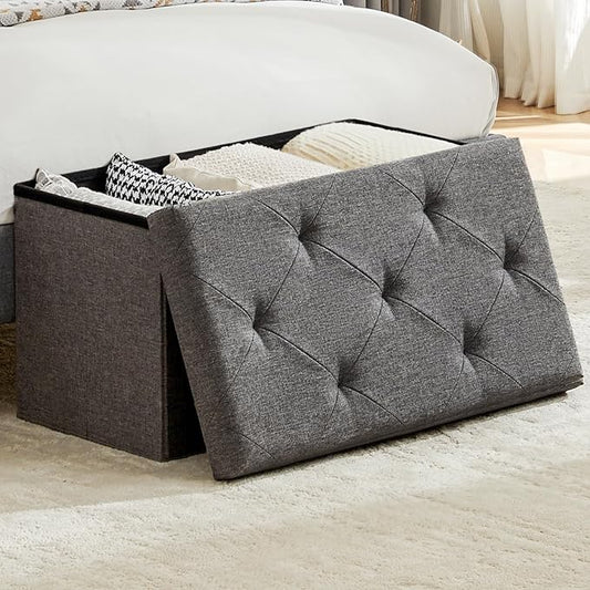 DUMOS 30in Foldable Storage Ottoman Bench, Foot Rest Stool Storage Chest with Padded Seat, End of Bed Bedroom Bench for Living Room, Support 660lbs, Pure Grey