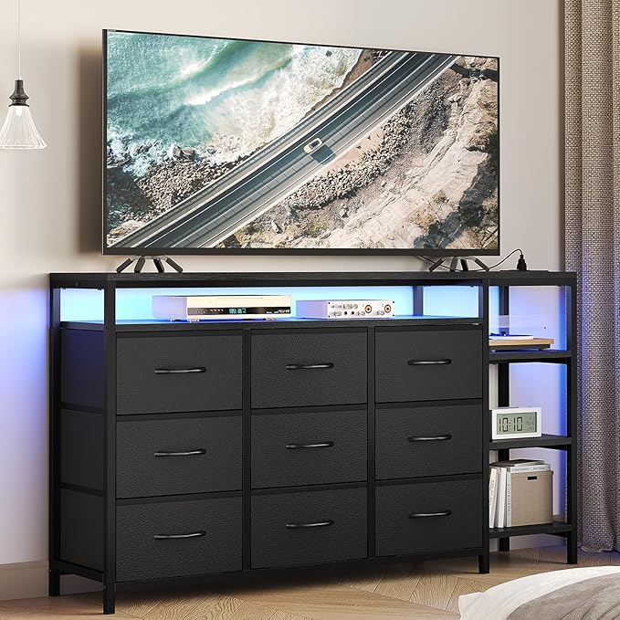60 inch TV Stand Dresser for Bedroom with LED Lights & Charging Station, 9 Fabric Drawers, Entertainment Center with Drawers & Open Shelves for Living Room, Bedroom, Black-NeatNest