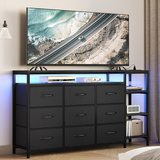 60 inch TV Stand Dresser for Bedroom with LED Lights & Charging Station, 9 Fabric Drawers, Entertainment Center with Drawers & Open Shelves for Living Room, Bedroom, Black-NeatNest