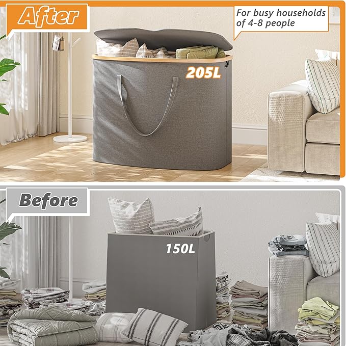 205L Laundry Hamper with Lid 3 Section, Extra Large Laundry Basket with 3 Removable Bags, 54GAL Laundry Basket Organizer for Bedroom, Laundry Room, Dorm,Clothes Hamper,Grey-NeatNest