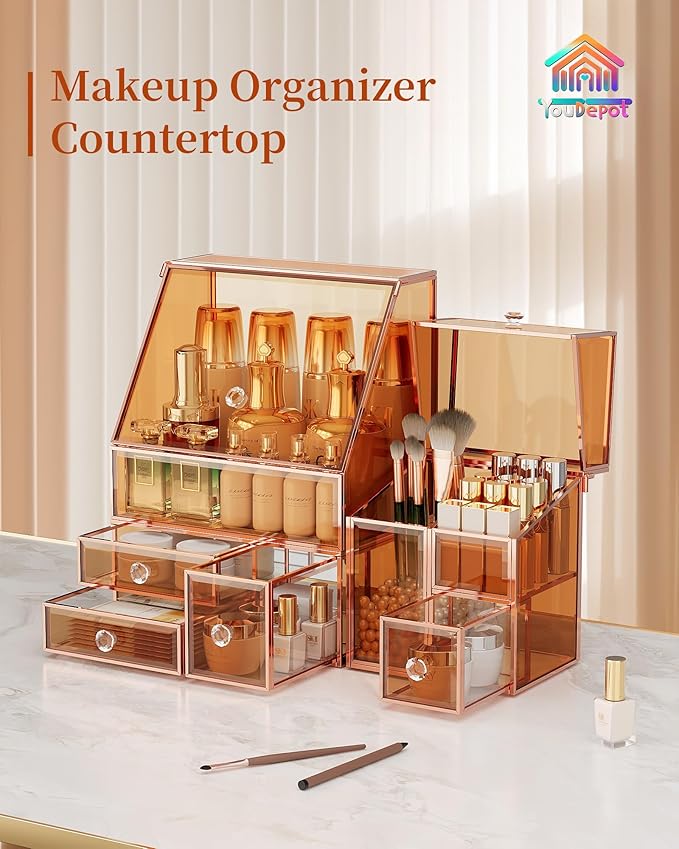 Glass Makeup Storage for Vanity and Bathroom Countertop – Large Cosmetic Display Case and Skincare Storage Solution