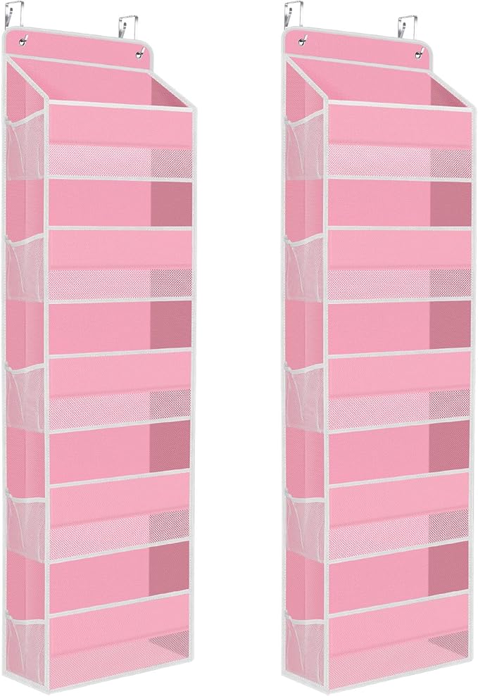 2 Pack Over The Door Organizer Hanging Storage Organizers with Clear Window 40lb Large Capacity Room Organizer for Pantry Laundry Bathroom Nursery Closet(Pink)-NeatNest