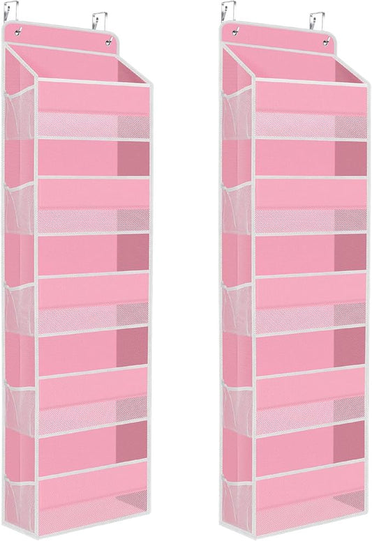 2 Pack Over The Door Organizer Hanging Storage Organizers with Clear Window 40lb Large Capacity Room Organizer for Pantry Laundry Bathroom Nursery Closet(Pink)-NeatNest