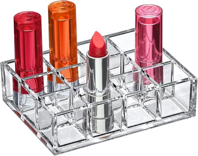 Amazing Abby - Allure - 12-Slot Acrylic Lipstick Organizer, Lipstick Holder, Lip Gloss Holder, Cosmetic Storage Display, Perfect Storage Solution for Drawer and Vanity (Slot Size: 1.0" x 1.0")-NeatNest