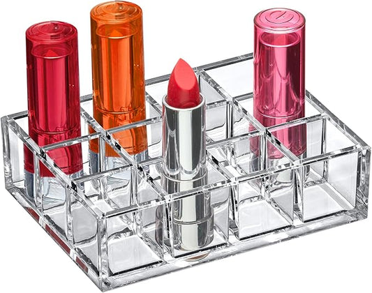 Amazing Abby - Allure - 12-Slot Acrylic Lipstick Organizer, Lipstick Holder, Lip Gloss Holder, Cosmetic Storage Display, Perfect Storage Solution for Drawer and Vanity (Slot Size: 1.0" x 1.0")-NeatNest