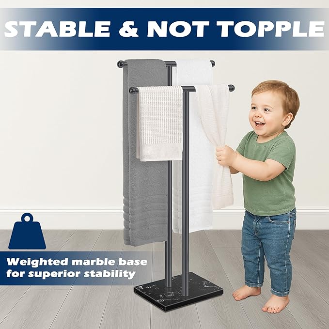 Freestanding Towel Rack with Marble Base,2-Tier Standing Towel Racks for Bathroom,Stable BathTowel Holder for Bathroom Accessories, Black