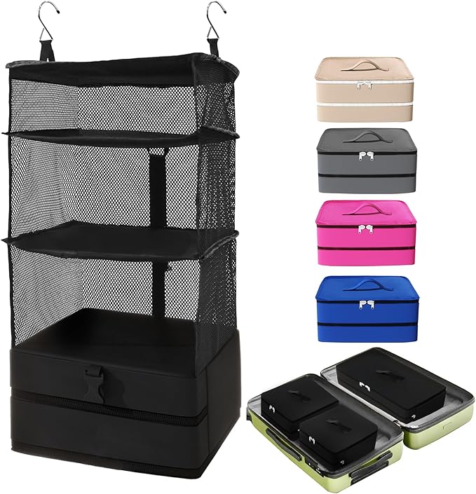 Caroeas Portable Hanging Travel Shelves Bag Suitcase Organizer Carry-on Closet Packing Cubes for Travel, 3-Shelf Suitcase Closet with 2 Hooks, Large Capacity, Black-NeatNest