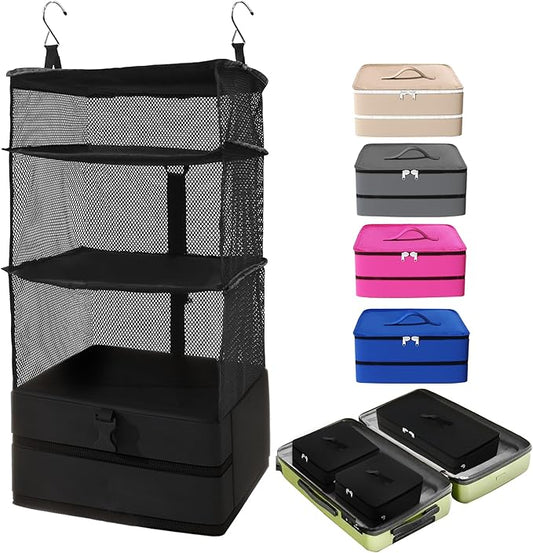 Caroeas Portable Hanging Travel Shelves Bag Suitcase Organizer Carry-on Closet Packing Cubes for Travel, 3-Shelf Suitcase Closet with 2 Hooks, Large Capacity, Black-NeatNest