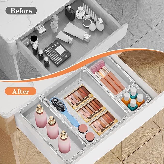 25 PCS Plastic Drawer Organizer Set, 4-Size Versatile Organizer Trays & storage Bins for Makeup, Jewelry, and Gadgets in Bathroom, Bedroom and Office,Clear White-NeatNest