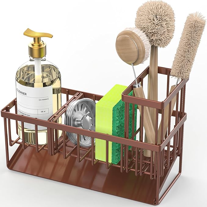 Cisily Kitchen Sink Caddy, Sponge Holder for Kitchen Sink, Kitchen Sink Organzier and Storage with High Brush Holder, Rustproof 304 Stainless Kitchen Gadgets Sink Accessories(Brown)-NeatNest
