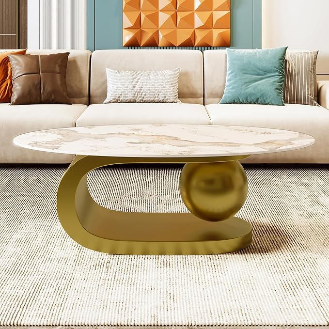47.2" Modern Oval Coffee Table Marble Pattern Sintered Stone Tabletop Gold Stainless Steel Base End Tables Center Table Sofa Table for Living Room Office Bedroom Balcony, White & Gold